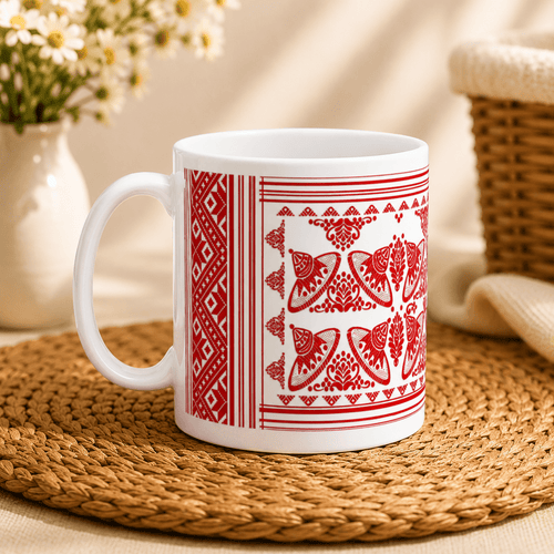 Bihuwan Mug | Traditional Assamese Gamusa Ceramic Mug - The Mug Atelier