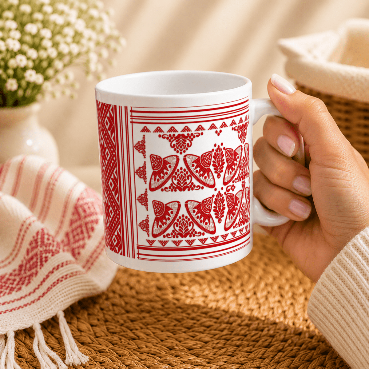 Bihuwan Mug | Traditional Assamese Gamusa Ceramic Mug - The Mug Atelier